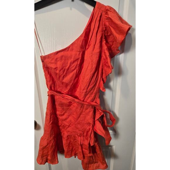 Banana Republic one shoulder ruffled linen dress sz 10 orange coral - Picture 3 of 7